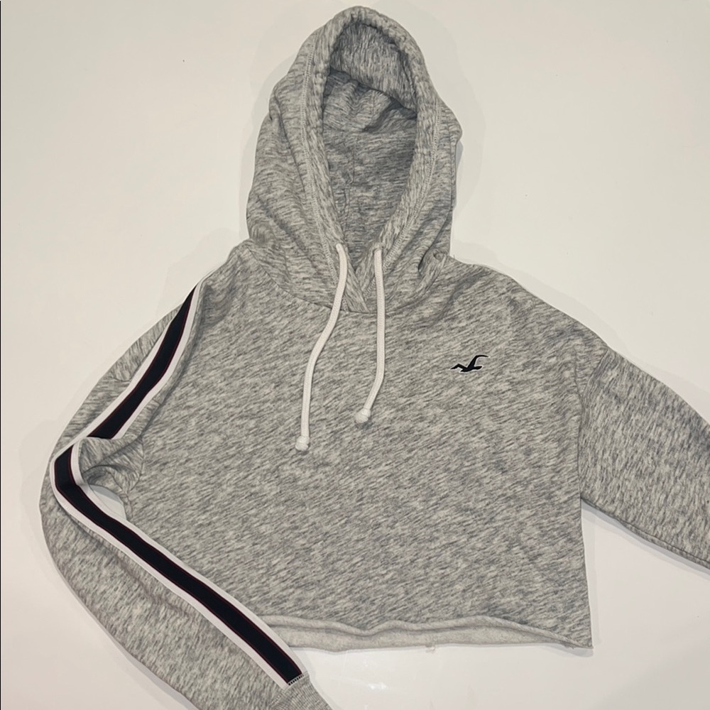 Gray Cropped Hollister Hoodie with Stripe Detail